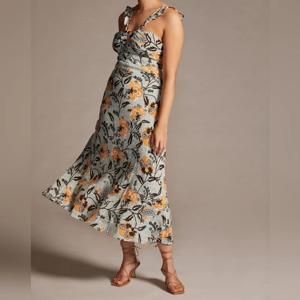 By Anthropologie Floral Sleeveless Halter Slim Midi Dress, Size 2, NWT